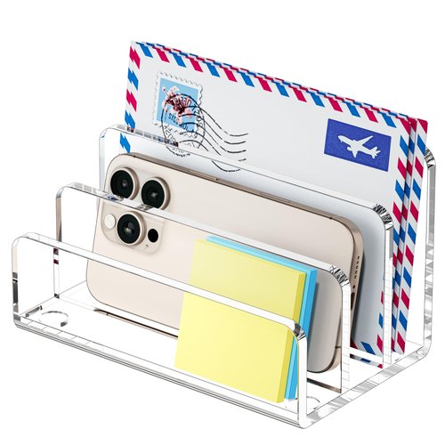 FUCDTEFC Mail Organizer Countertop, 3 Section Clear Acrylic Small File Holders Letter Organizer for Desk, Modern Filing Accessories for Document, Office, Home, School