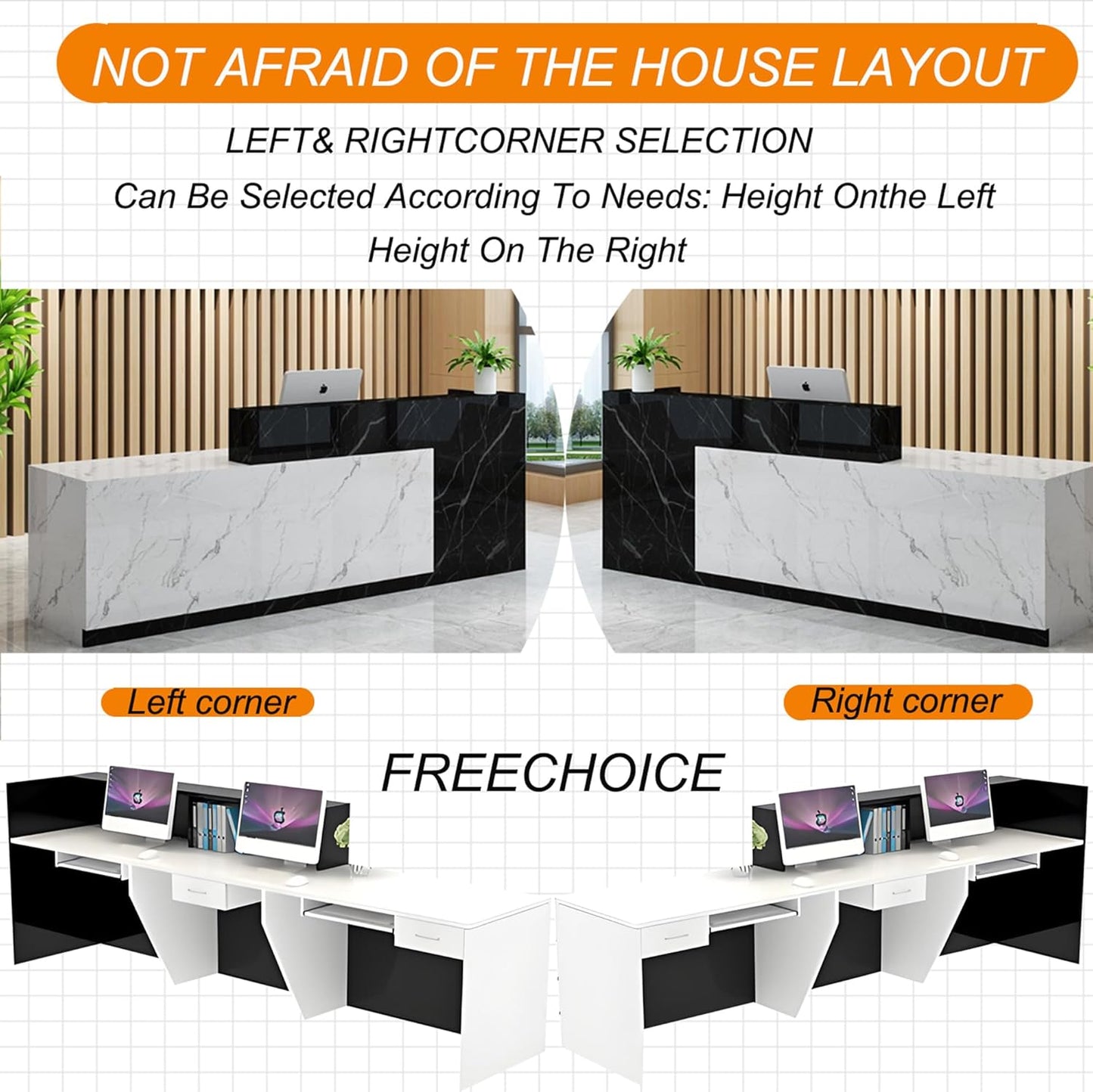Skiennix Wood Reception Desk - Modern L-Shaped Marble Stone Checkout Counter with Storage Drawers for Salon & Retail