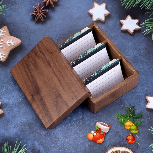 MaxGear Business Card Holder for Desk, 2.2" x 3.5" Walnut Wood Business Card Organizer, Index Cards Box Holds 300 Cards, 3 Divider Boards Includes A-Z Tabs, Desktop Organizers for Office & Home