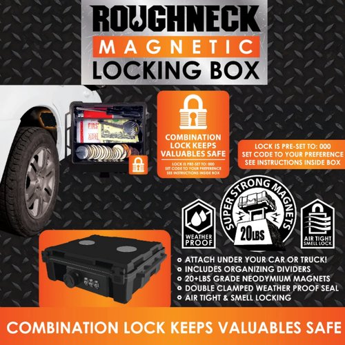 Waterproof Magnetic Locking Storage Box with Inner Dividers, Hide-A-Key Magnet Mount Box, Black, Medium