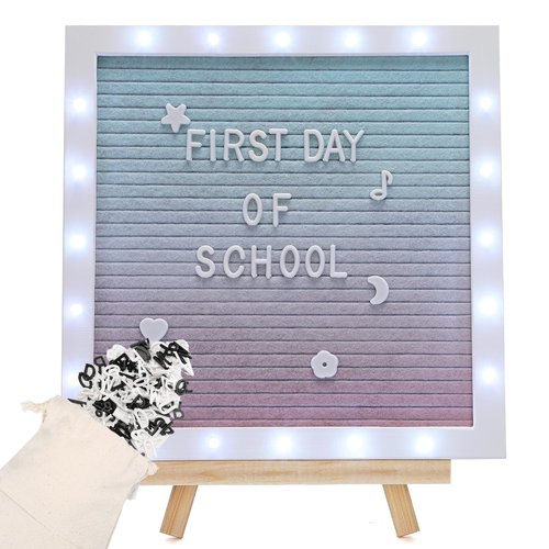 LED Gradient Felt Letter Board Sign with Stand & 470 Letters - 10in × 10in First Day of School Changeable Message Board for Classroom Decor Birthday Gifts Wedding Party