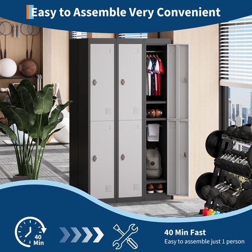 Metal Storage Cabinet with 2 Doors, 72’’ Tall Lockers for Employees Students with Shelves, Metal Storage Steel Locker for School Garage Office Gym Home Warehouse, Assembly Required, Grey+Black