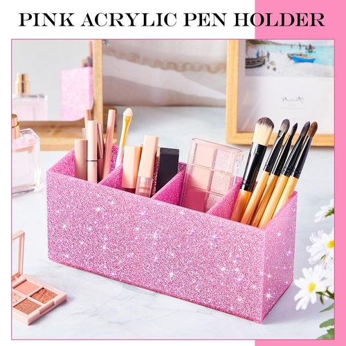 Jetec Glitter Pen Holder Bling Makeup Brush Organizer Office Desk Accessories for Women Girls with 4 Compartments Sparkly Desktop Decoration Birthday Back to School Gifts(Pink)