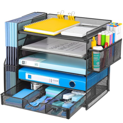 lemonsea Desk Organizers with File Holder, 5-Tier Paper Organizer Letter Tray with Sliding Drawers and Extra Pen Holder, Mesh Desktop File Organizer for School Office Supplies, Black.