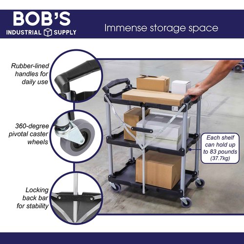 BISupply Rolling Carts with Wheels - 3 Tier Folding Push Utility Cart for Office, Restaurant, Warehouse, and Home