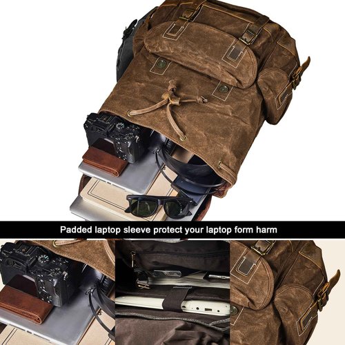 BRASS TACKS Leathercraft Backpack for Men Heavy Duty Waxed Canvas Vintage Women Trim Casual 15.6" laptop Travel Backpack-Brown