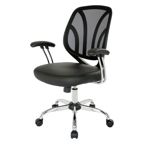 Office Star Breathable Screen Back Office Chair with Padded Faux Leather Seat and Chrome Finishes, Black
