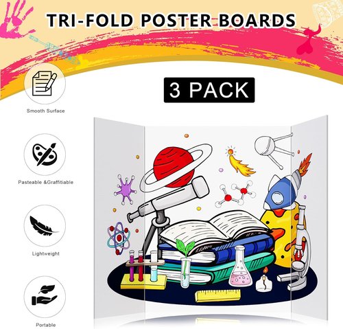 HAUTOCO Tri-Fold Presentation Boards - 3 Pcs Small White Corrugated Project Boards | 21 x 14 Inches for School Projects & Events