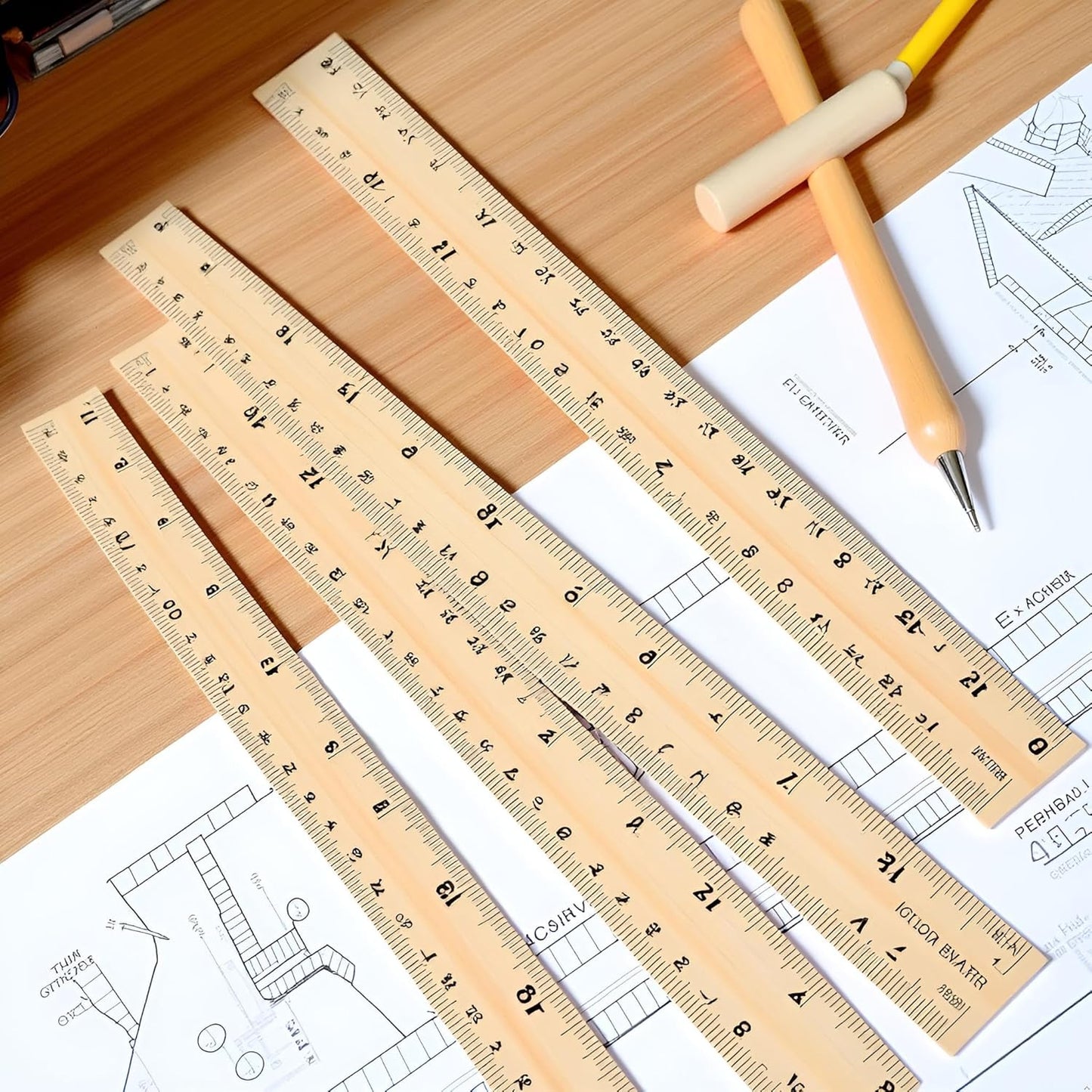 Wooden Ruler 12 Inch - 6 Pack High-Quality Easy-to-Read Metric Rulers for Home & Office | Ideal for Drawing
