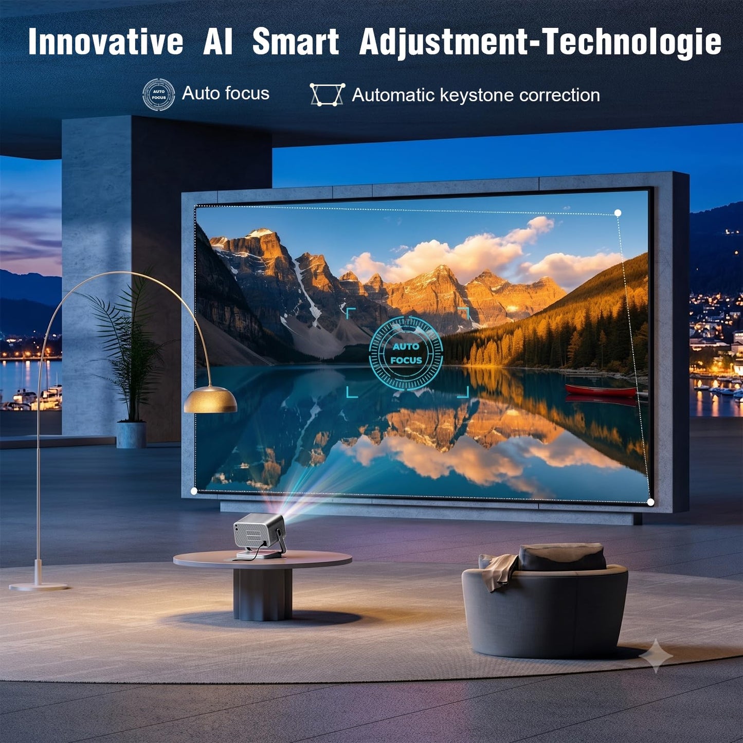 [3000 ANSI & Officially-Licensed APP]4K Projector with WiFi and Bluetooth, Auto Focus Keystone & Dolby Audio, Smart Outdoor Projector with Adjustable Stand for Home Theater Bedroom Ceiling(Cyan)
