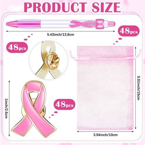 Ferreve 192 pcs Breast Cancer Awareness Items Bulk Pink Cancer Patients Survivor Gifts Include Pink Ribbon Pens Pins Bracelets Organza Bags Cancer Survivor Campaign Supplies for Theme Charity Event