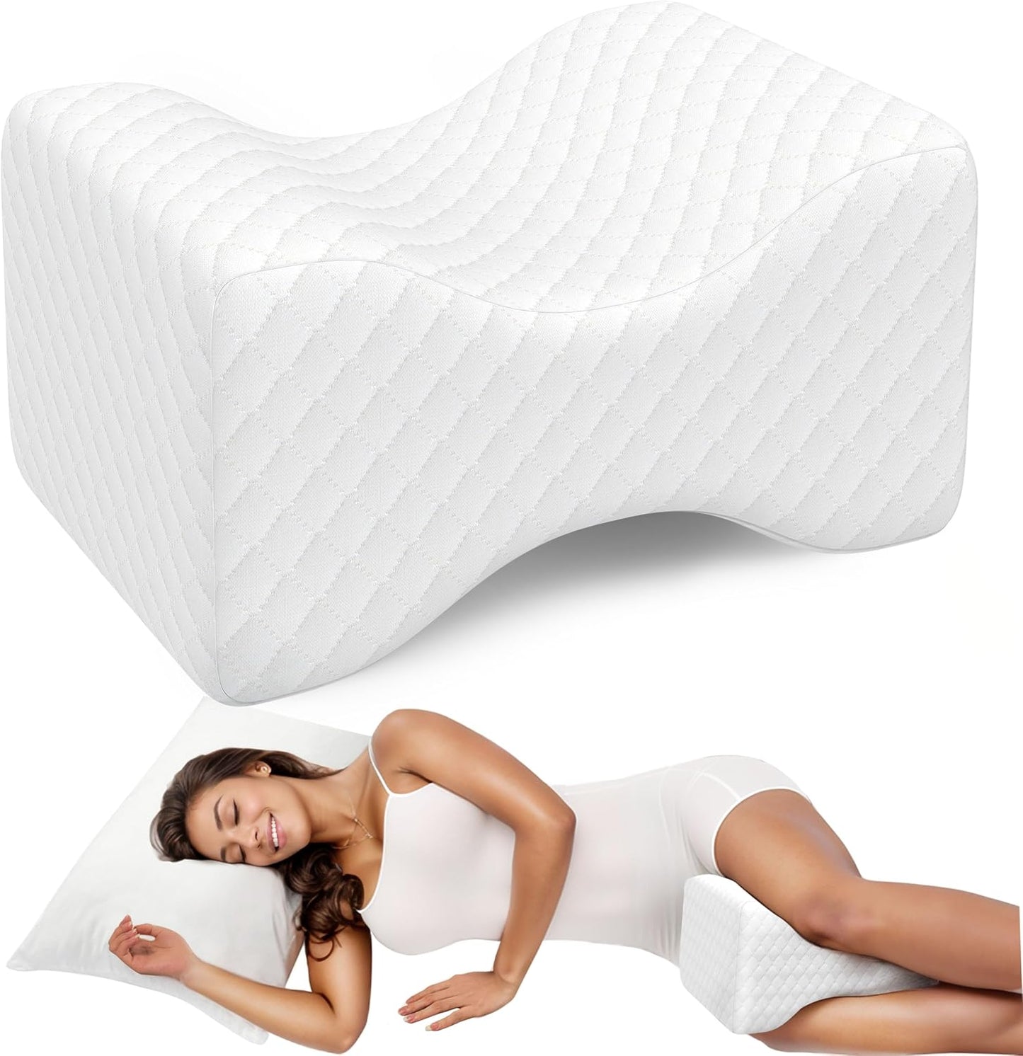 TranquilRelax Knee Pillow - Comfortable Memory Foam for Side Sleepers | Alleviates Hip, Back & Sciatica Pain (White)