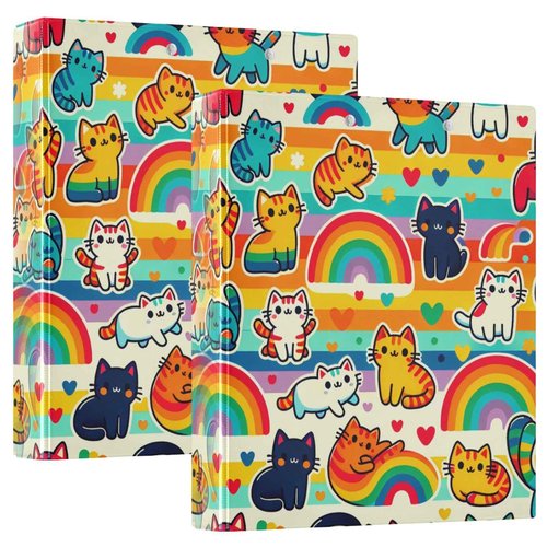 YANENDIE Cute Rainbow Cats 3 Ring Binder, 1.5 Inch Round Rings to Hold 200 Sheets, Heavy Duty 3 Ring Binder with Clipboard for Home Office Supplies 2 Pack