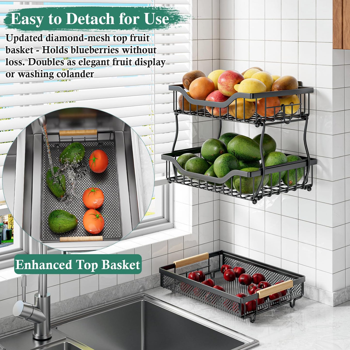 OKZEST 3-Tier Fruit Basket Fits Under Standard Upper Cabinet, 17.2" Tall