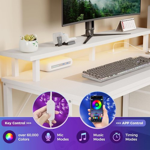 DUMOS L-Shaped Gaming Desk - White Computer Desk with LED Lights & Storage Drawers | 59" Dual Monitor Setup