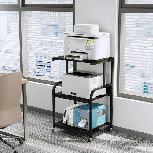 EasyCom Printer Stand- Large 3 Tier Sofa Side Table with Wheels- Industrial Printer Storage Cart- Modern Night Stands with Storage Shelf for Living Room Bedroom Office Black