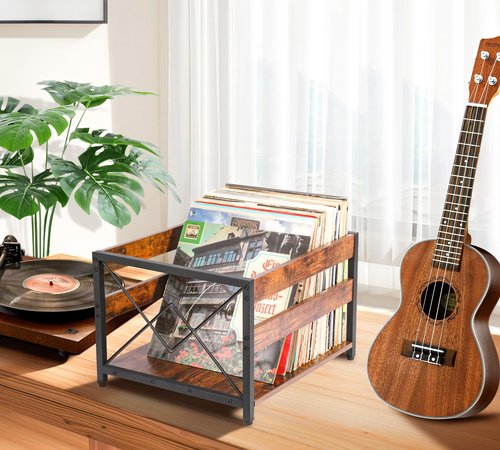 Y&M Vinyl Record Storage Crate, Wooden Storage Box, Classic Cube CD Albums Shelf Holder Organizer, Holds Up to 100+ Records, Magazine Rack for Desktop, Home, Office, Brown