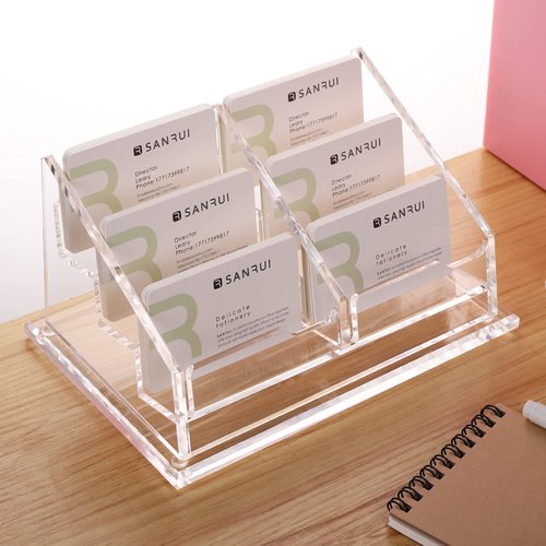 SANRUI Acrylic Business Card Holder for Desk, Clear Display Stand with 6 Slots, Holds 300 Cards, 3-Tier Horizontal Clear Name Card Stand ,Office Desk Organizer for Women & Men