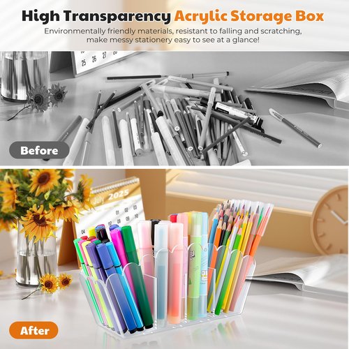 Novacrylion Scalloped Acrylic Pencil Holder – Clear Desk Organizer with 4 Compartments – Makeup Brush Holder & Remote Caddy for Office, Bathroom, Table – Party Accessory