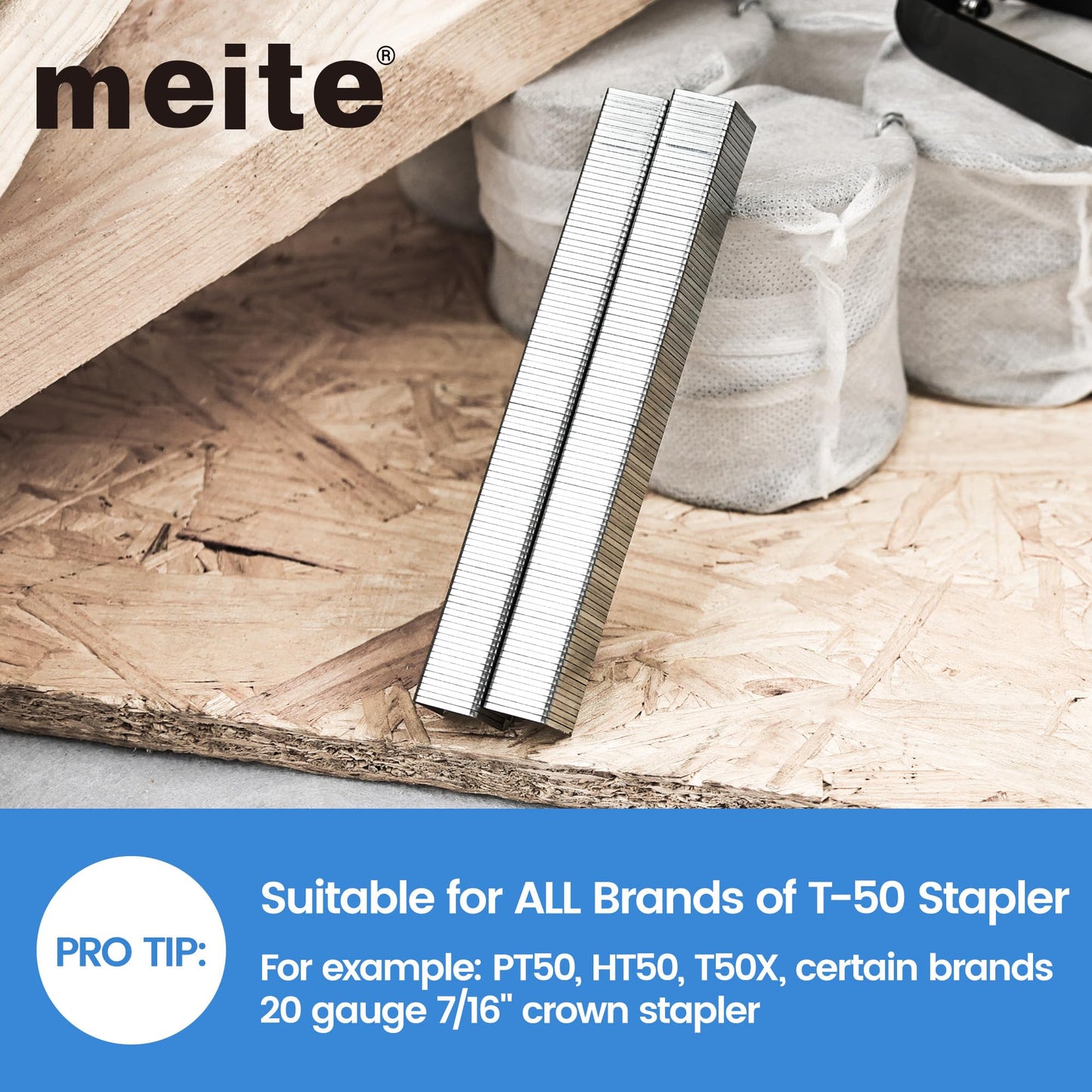 meite T50 Staples, 3/8 Inch Staples for Staple Gun, Heavy Duty Galvanized Staples, 20 Gauge 3/8" Crown, Compatible with T50 Staple Gun, Ideal for Upholstery, Construction, Furniture (1,512 Counts)