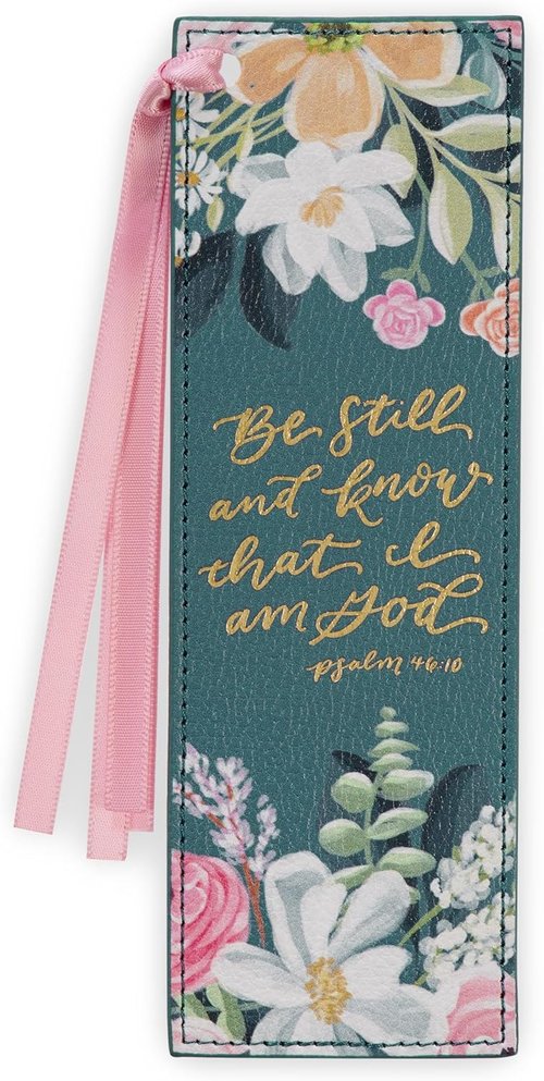 Christian Art Gifts Premium Vegan Leather Bookmark - Inspirational "Be Still & Know" Verse, Teal Floral Design