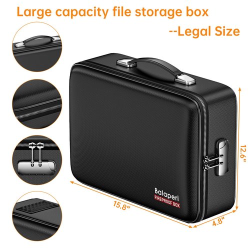 BALAPERI Fireproof File Organizer with Fireproof Zipper,Fireproof Document Box Hard Case with Lock,Portable Document Safe for Important Document Laptop Valuables(Black,15.8"x4.8"x12.6")