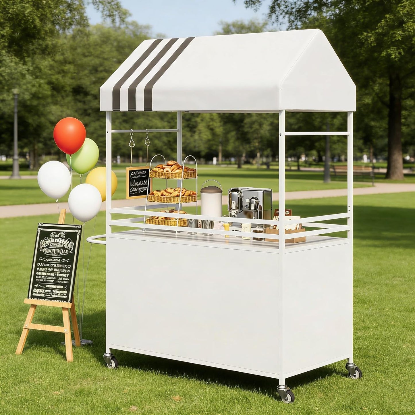 Skiennix Portable Vendor Cart - 75" Tall Outdoor Mobile Food Cart with Canopy & Wheels | White