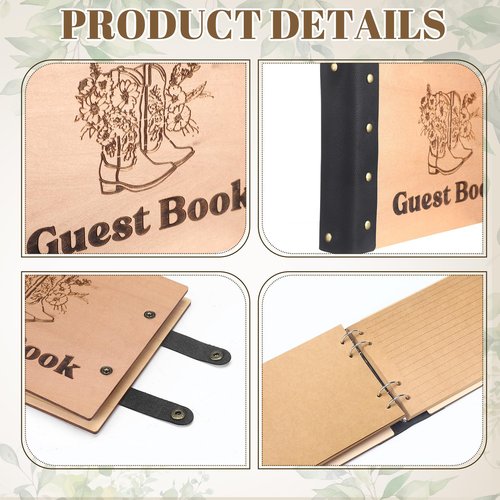 Engrowtic Western Cowboy Wedding Guest Book with Pen Wooden Guestbook Wedding Reception with Leather 7 x 10 Inches Wood Grain Guest Book Signing for Birthday Bridal Shower Baby Shower Decor
