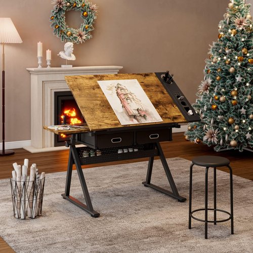 Aidek Rustic Brown Adjustable Drafting Table with Stool & Storage – Tilt-Top Art Desk with 2 Drawers for Painting, Writing, Home Office Studio