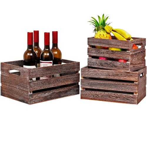 CYXIYO6 Storage Crates Nesting Storage Crates Set of 3,Wooden Storage Containers with Handles,Rustic Farmhouse Wood Baskets for Storage,Display,Home Decor - (3 Sizes-Large,Medium,Small) Brown