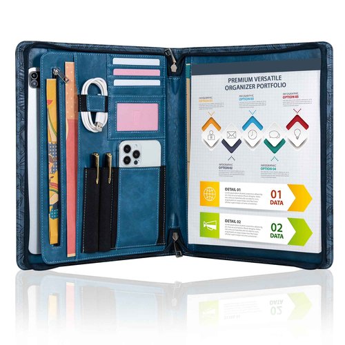 Embossed Vegan Leather Portfolio for Women,Professional Organize Padfolio with A4 Notepad Holder,Professional Business Document Organizer for Women (Blue)