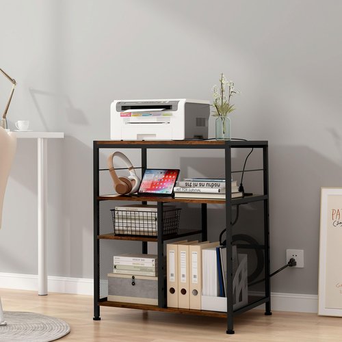 TQVAI Large Printer Stand, 4-Tier Adjustable Height Home Office Printer Table with Power Outlet Charging Station, Wood Stand Desk for Heat Press Scanner Fax, Black/Antique