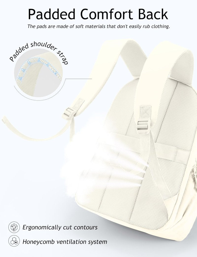 Uselike Travel Backpack for Women, 15.6 Inch Laptop Backpack, Quilted College Bookbag, Cute Work Backpacks, Water Resistant (Beige)
