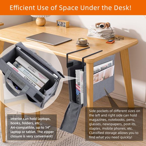 MASTLU Under Desk Hanging Storage Bag, Desk Organizer Storage, Office Side Storage Bag, Compatible with A4 Files, Detachable Handle Design, No Assembly Required, For Office Home School (Grey)