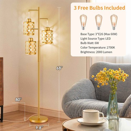 GHOOCEMLUX 68" Dimmable Floor Lamp, Modern Standing Lamp with Elegant Metal Cage, Industrial Tall Tree Floor Lamps for Living Room, Bedroom, Study Room, Office (2000LM LED Bulbs Included) - Gold