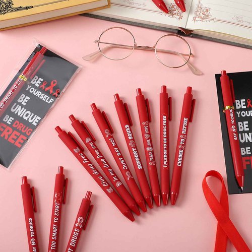 Sayglossy 100 Sets Red Ribbon Week Supplies Bulk Red Ribbon Awareness Pens & Bookmarks Set Drug Free Ballpoint Pen with Inspirational Bookmarks Accessories for Fundraising Charity Party Favors