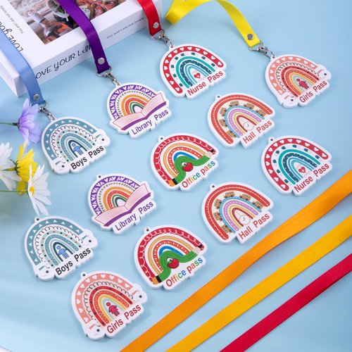 12 Sets Wooden Boho Rainbow Hall Passes for Classrooms Elementary Back to School Unbreakable Hall Pass Lanyards and School Passes Unbreakable Bathroom Passes for Classrooms Hall Library Nurse Office