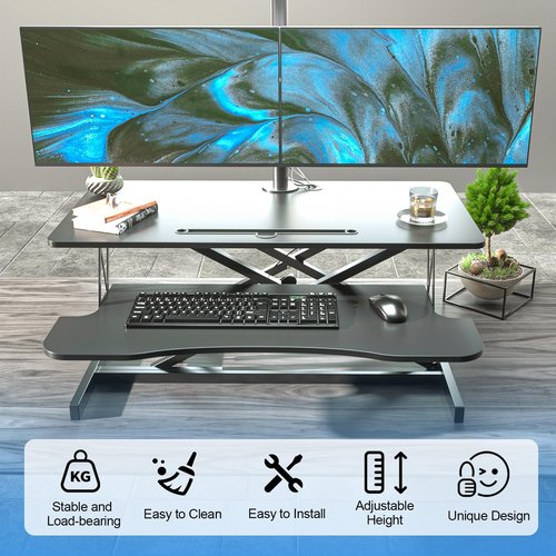AQQHSAIN Standing Desk Converter 36 Inch Wide Sit to Stand Converter Desk Height Adjustable Desk Riser with Keyboard Tray Laptop and Dual Monitor Desktop Workstation Riser for Home Office Computer