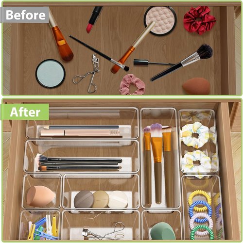25 Piece Clear Drawer Organizer Set, 4 Sizes Bathroom Vanity Organizer Trays and Storage Bins for Makeup, Cosmetics, Jewelry, and Gadgets. Perfect for Office, Kitchen, Bedroom, Bathroom Use.