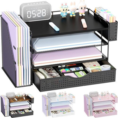 Wood Desk Organizers and Accessories with File Holder, 4-Tier Desk Accessories & Workspace Organizers with Drawer and Pen Holder, Paper Organizer for Office Supplies (Black)