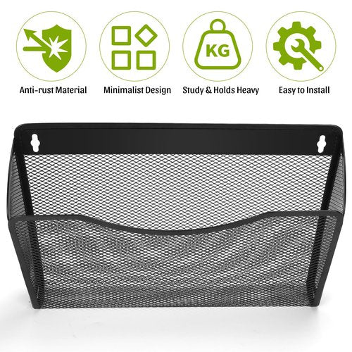 AZFUNN Magnetic Wall File Holder, Hanging Mounted Paper Mail Organizer, Vertical Pockets File Folder Document Basket for Office, Home, Classroom, Black (1 pack)