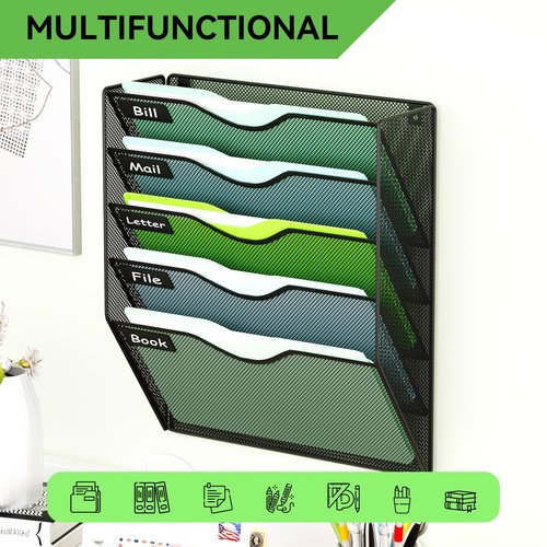 GDINDINFAN 5 Pockets Mesh Hanging Wall File Holder Organizer Wall Mounted Paper Magazine Rack, Black
