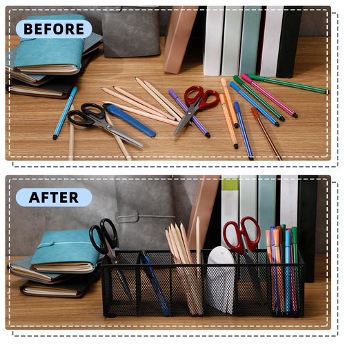 Teling 2 Pcs Mesh Desk Organizer Metal Mesh Pen Holder 6 Compartments Desktop Stationery Pencil Caddy Organizer Basket(Black)
