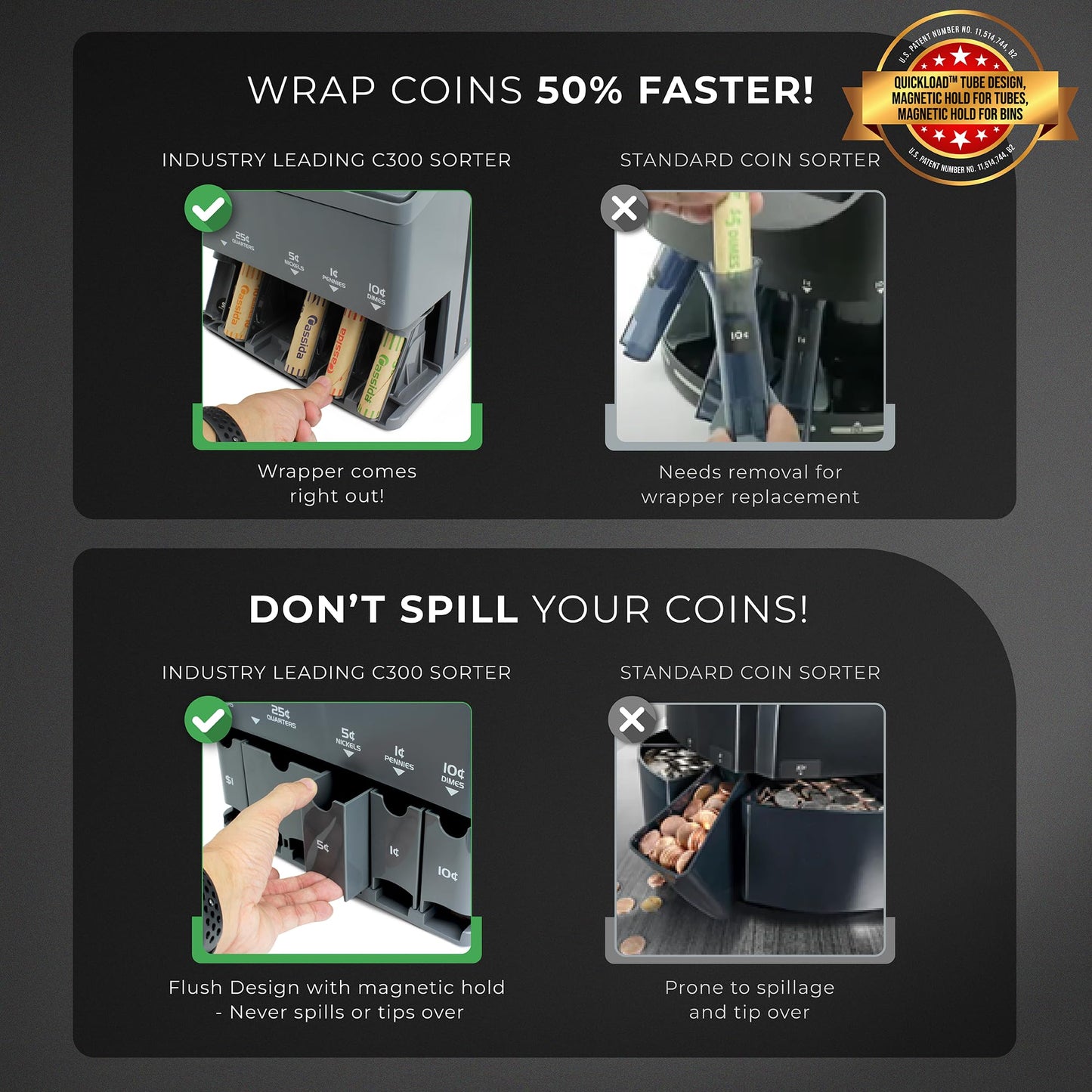 Cassida C300 Professional USD Coin Counter, Sorter and Wrapper/Roller, 300 coins/min, with Quickload and Printing-Compatible,Gray