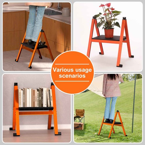 Ainai Folding Step Stool,Aluminum Ultra Thin Stool,400 Lbs Capacity Heavy Duty with Anti-Slip Sturdy and Wide Pedal,Closet Step Ladder for Home,Kitchen,Office and Dorm Bed (Orange)