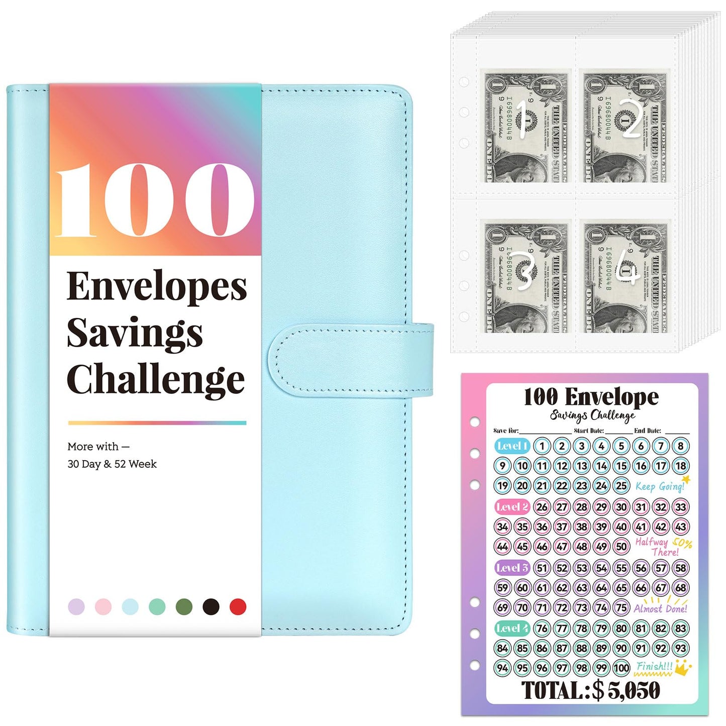 Sooez 100 Envelopes Challenge Binder, Money Saving Challenge Budget Binder with Cash Envelopes, Savings Challenge Book - Easy & Fun Way to Save $5,050, Money Saving Binder for Budgeting & Saving