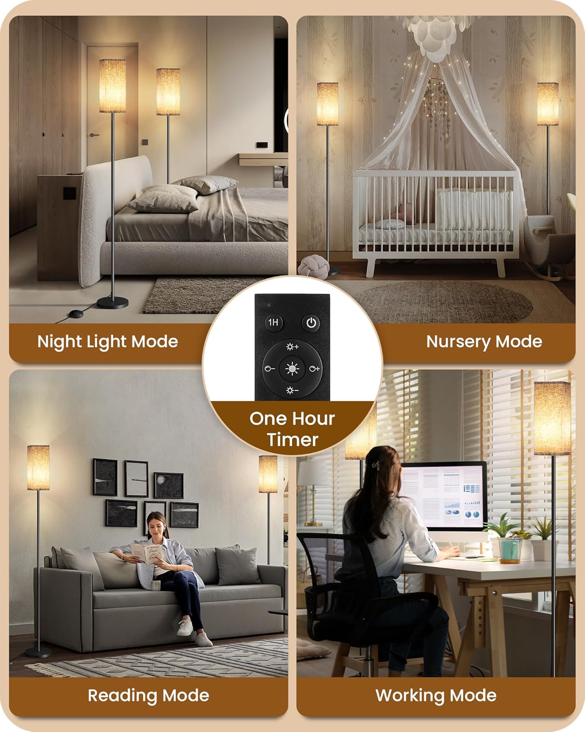 Skiennix Dimmable Floor Lamp - Modern Corner Lamp with Remote & Foot Switch | Beige & Black, 64.2” Tall