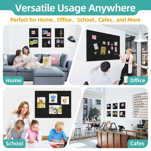 URMMIY Large Cork Board for Walls - 12 Pack Black Felt Wall Tiles with Safe Removable Adhesive Tabs for Office Pin Board, Tack Board, 47"x35", Includes Push Pins & Sticky Tabs (Black, 12 Pack)