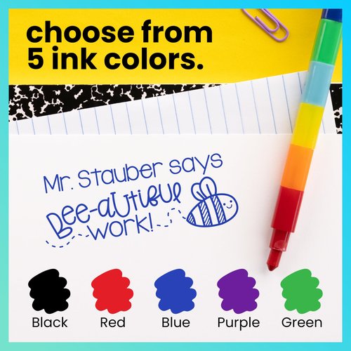 ExcelMark Personalized Teacher Stamps for Classroom - Custom Stamps for Grading - Puns of Praise with 12 Stylish Mount Patterns (Pink Mount, Bee-autiful Work)