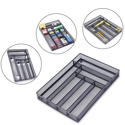 WuGeShop Desk Drawer Organizer with 6 Compartments, Mesh Drawer Organizer Tray for Stationery, Office Supplies Desktop Storage, Black